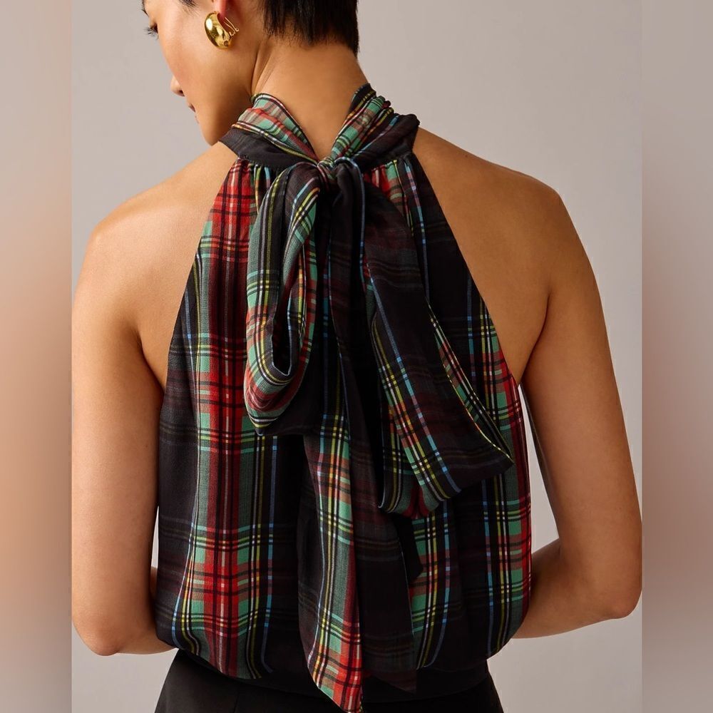 J Crew Halter Top with Neck Tie in Stewart Tartan Chiffon Blend NWT - Picture 4 of 9